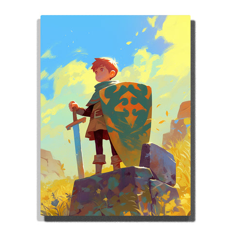 Young knight holding sword and green dragon shield in a golden field with blue sky, stone blocks, drifting leaves, warm sunlight, and heroic fantasy mood, paint by numbers by PaintEasy