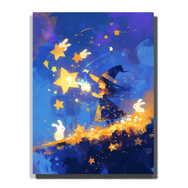 Little witch catching glowing stars in a deep blue night sky with white rabbits, golden star trails, moon shapes, dark cape, and magical bedtime fantasy mood, paint by numbers by PaintEasy