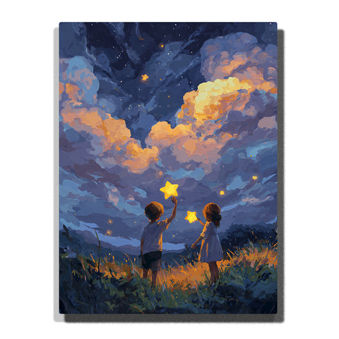Two children holding glowing stars under dramatic night clouds with deep blue sky, golden cloud light, meadow grass, and soft fantasy mood, paint by numbers wall art by PaintEasy