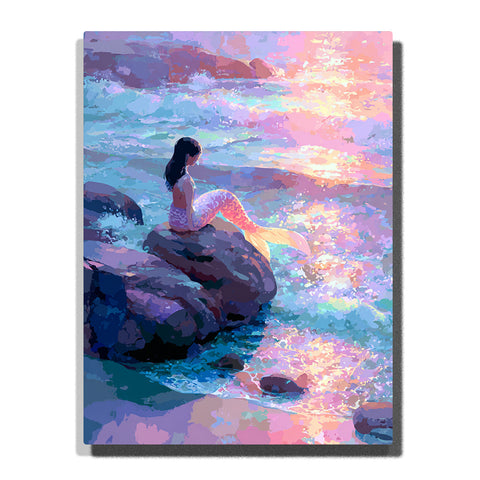 Mermaid sitting on a seaside rock at pink sunset with shimmering pastel tail, turquoise waves, glowing ocean reflections, and dark coastal rocks, paint by numbers wall art by PaintEasy