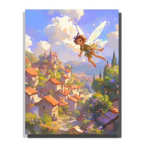 Flying fairy above a sunny hillside village with translucent wings, green outfit, orange rooftops, soft clouds, distant hills, and bright storybook fantasy mood, paint by numbers by PaintEasy