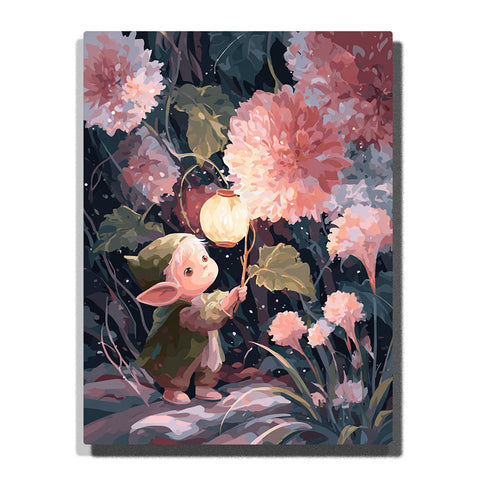 Little forest elf holding a glowing lantern under giant pink flowers with leafy stems, dark garden shadows, soft rocks, and magical fairy-tale mood, paint by numbers by PaintEasy
