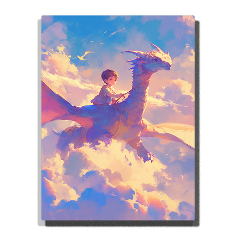 Child riding a blue dragon above sunset clouds with wide wings, long dragon neck, soft pink highlights, golden sky light, and dreamy fantasy adventure mood, paint by numbers by PaintEasy