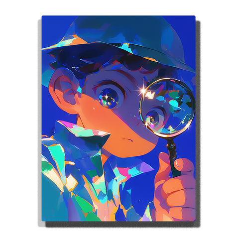 Close-up little detective holding a magnifying glass with blue cap, large curious eyes, bright lens reflections, colorful shirt, deep blue background, and mystery adventure mood, paint by numbers by PaintEasy