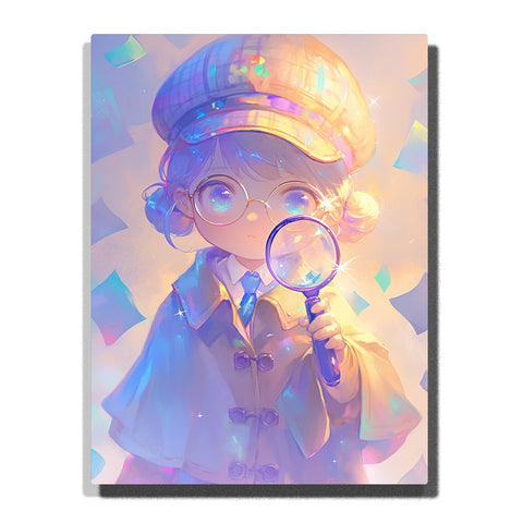 Little detective holding a magnifying glass with round glasses, glossy cap, blue tie, pastel rainbow light, floating paper shapes, and soft mystery mood, paint by numbers by PaintEasy