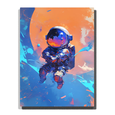 Astronaut floating before a giant orange planet with reflective helmet visor, white spacesuit, blue cosmic shapes, small planets, and bold space adventure mood, paint by numbers by PaintEasy