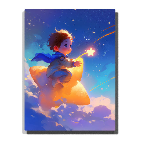 Child riding a glowing yellow star through a deep blue night sky with small shining star, soft clouds, scattered sparkles, and magical bedtime adventure mood, paint by numbers by PaintEasy