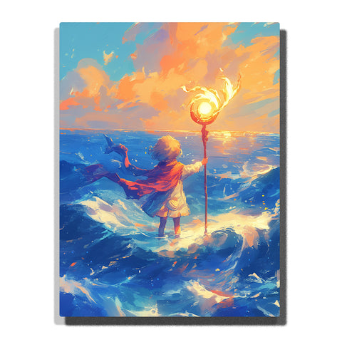 Child holding a glowing sun staff above ocean waves at sunset with golden sky, blue sea, red scarf, bright horizon, and magical ocean adventure mood, paint by numbers by PaintEasy