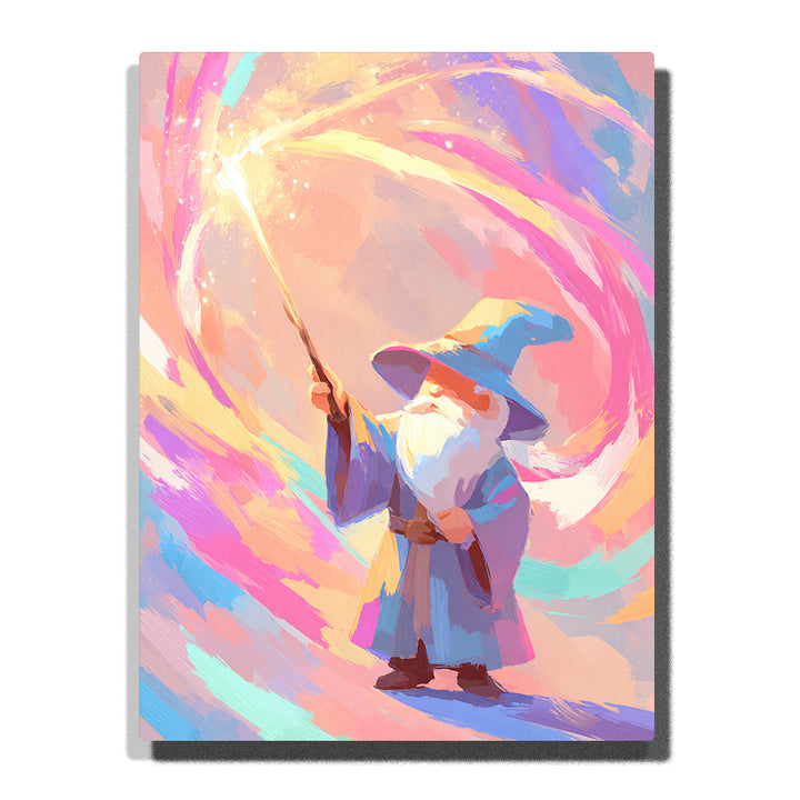 Little blue wizard casting pastel rainbow magic with glowing wand, pointed hat, white beard, swirling pink and aqua sky, paint by numbers wall art by PaintEasy