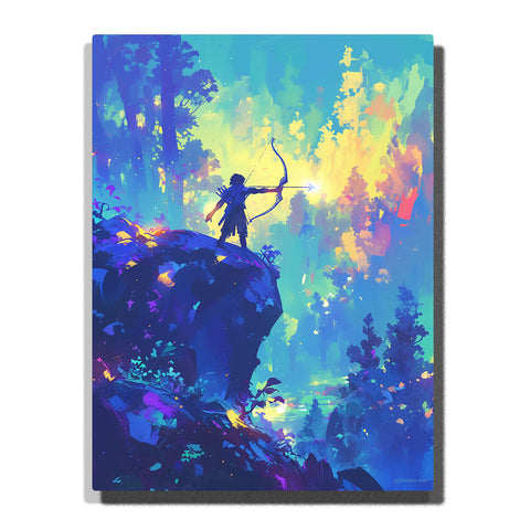 Forest archer aiming a glowing arrow from a dark cliff over a bright fantasy valley with blue trees, teal shadows, yellow light, and magical adventure mood, paint by numbers by PaintEasy