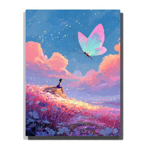 Giant pastel butterfly flying above a glowing flower meadow with tiny child, pink clouds, blue twilight sky, sparkling stars, and dreamy fantasy mood, paint by numbers by PaintEasy