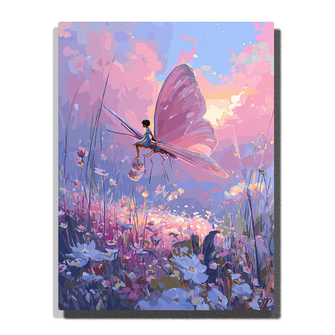 Tiny fairy riding a butterfly over a pastel flower meadow with lavender-pink wings, glowing sunset sky, tall grass, blooming flowers, and dreamy fantasy mood, paint by numbers by PaintEasy