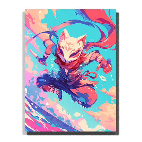 Masked fox ninja leaping through a colorful turquoise sky with white fox mask, red scarf, blue outfit, pink motion ribbons, cloud swirls, and action fantasy mood, paint by numbers by PaintEasy