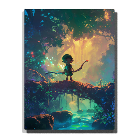 Little forest archer standing on a mossy woodland bridge with curved bow, glowing golden forest light, teal shadows, vines, water below, and magical adventure mood, paint by numbers by PaintEasy