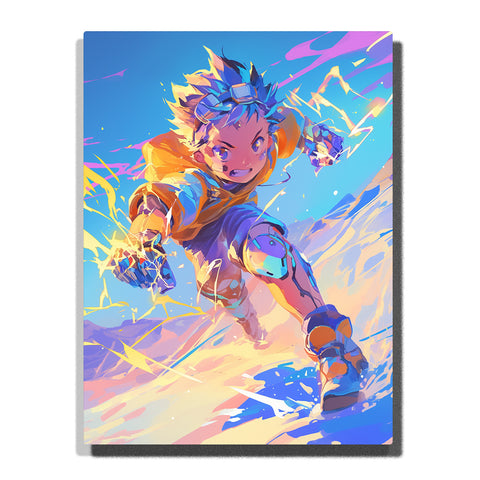 Lightning hero boy leaping through a bright blue sky with spiky blue hair, yellow jacket, glowing fists, electric streaks, knee pads, and action fantasy mood, paint by numbers by PaintEasy