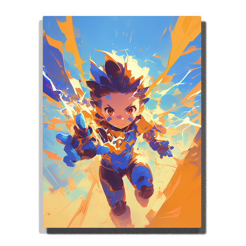 Flying hero boy rushing through blue and orange energy burst with spiky hair, focused eyes, superhero suit, lightning streaks, flame-like motion lines, and action fantasy mood, paint by numbers by PaintEasy