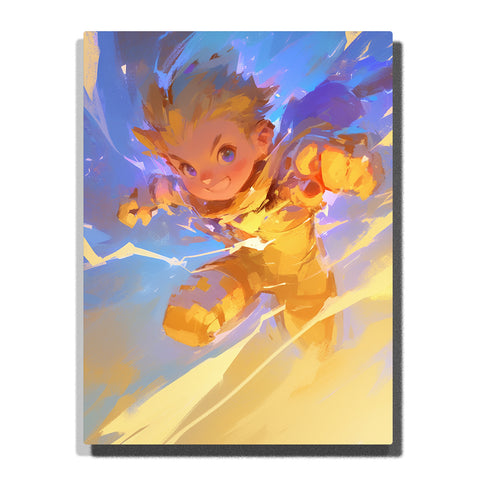 Flying hero boy with golden light powers, spiky hair, bright smile, yellow outfit, blue motion background, glowing energy streaks, and action fantasy mood, paint by numbers by PaintEasy