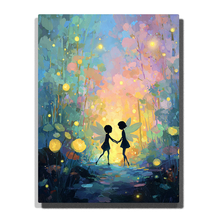 Two little fairies walking through a glowing forest path with pastel trees, firefly lights, blue-green foliage, golden center, and dreamy fantasy mood, paint by numbers wall art by PaintEasy