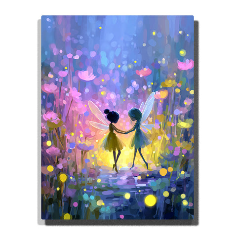 Two little fairies holding hands in a glowing flower meadow with pastel blossoms, floating lights, delicate wings, and dreamy fantasy mood, paint by numbers wall art by PaintEasy