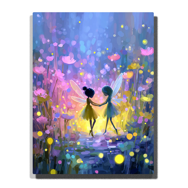 Two little fairies holding hands in a glowing flower meadow with pastel blossoms, floating lights, delicate wings, and dreamy fantasy mood, paint by numbers wall art by PaintEasy