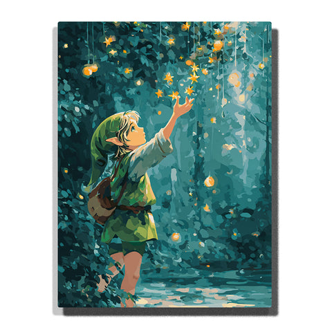 Little forest elf reaching for golden star lights in a deep teal woodland scene with green hood, leafy shadows, glowing orbs, water reflections, and magical storybook mood, paint by numbers by PaintEasy