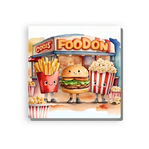 Smiling burger character with fries and popcorn at a playful food stand, with red fry carton, striped popcorn box, sesame bun, snack shop background, scattered popcorn, and cute food illustration details, Paint by Numbers kit for kids by PaintEasy.