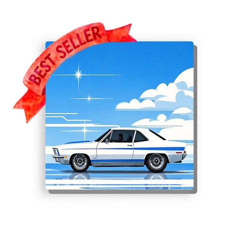Classic white vintage car in side view under a bright blue sky, with white clouds, sparkling star highlights, blue motion lines, chrome wheels, reflective ground, and clean graphic vehicle details, Paint by Numbers kit for kids by PaintEasy.