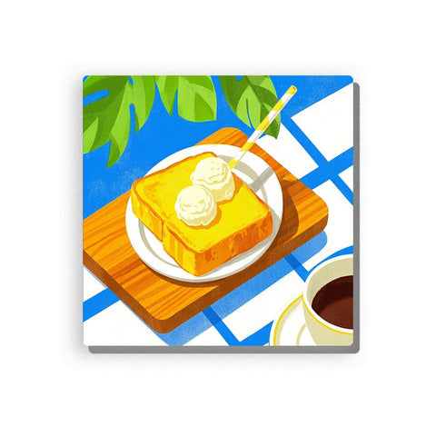 Golden honey toast with cream scoops on a white plate, wooden tray, blue-and-white checkered tablecloth, green leaves, striped decoration, and cup of dark drink, Paint by Numbers kit for kids by PaintEasy.