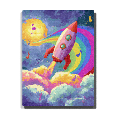 Pink rocket flying past music notes and rainbow trail with glowing yellow moon, teal windows, red fins, pastel clouds, and blue-purple sky, paint by numbers wall art by PaintEasy