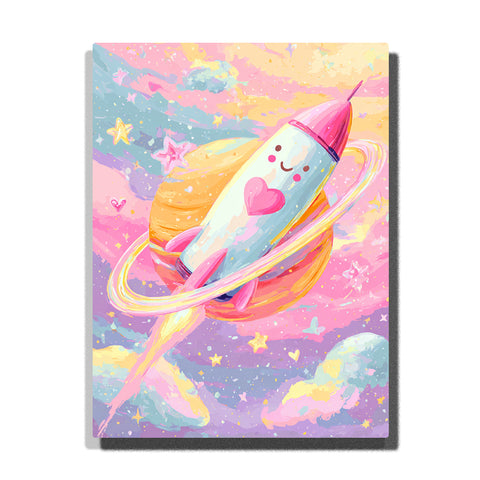 Smiling pastel rocket with heart detail flying through orange-pink ringed planet with pink fins, yellow flame trail, tiny stars, and candy-colored clouds, paint by numbers wall art by PaintEasy
