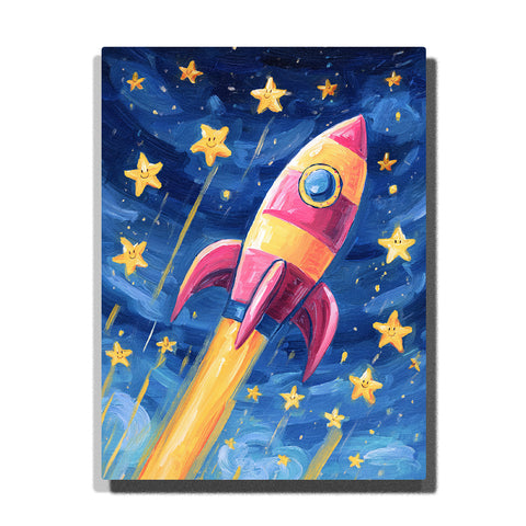 Pink rocket flying through a deep blue starry sky with smiling yellow stars, round blue window, curved fins, and glowing flame trail, paint by numbers wall art by PaintEasy