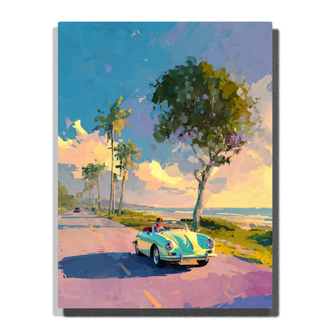 Mint convertible driving along a coastal palm road with ocean view, sunset sky, tall palm trees, large roadside tree, road shadow, and relaxed travel mood, paint by numbers by PaintEasy