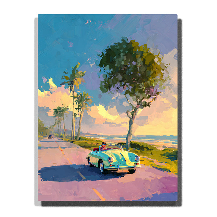 Mint convertible driving along a coastal palm road with ocean view, sunset sky, tall palm trees, large roadside tree, road shadow, and relaxed travel mood, paint by numbers by PaintEasy