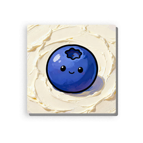 Smiling blueberry with round blue body, tiny black eyes, small curved mouth, dark top star mark, cream swirl background, and cute fruit mood, paint by numbers by PaintEasy