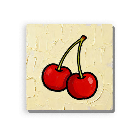 Two red cherries with simple green stems, bold black outlines, glossy highlights, cream textured background, and bright fruit mood, paint by numbers by PaintEasy