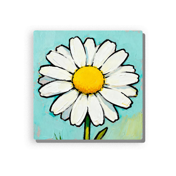 Simple white daisy with broad petals, bright yellow center, green stem, soft blue background, bold outlines, and fresh flower mood, paint by numbers by PaintEasy