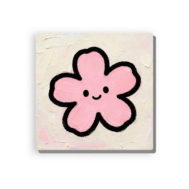 Smiling pink flower with five rounded petals, simple black eyes, tiny curved mouth, thick outline, soft cream background, and gentle pastel look, paint by numbers by PaintEasy