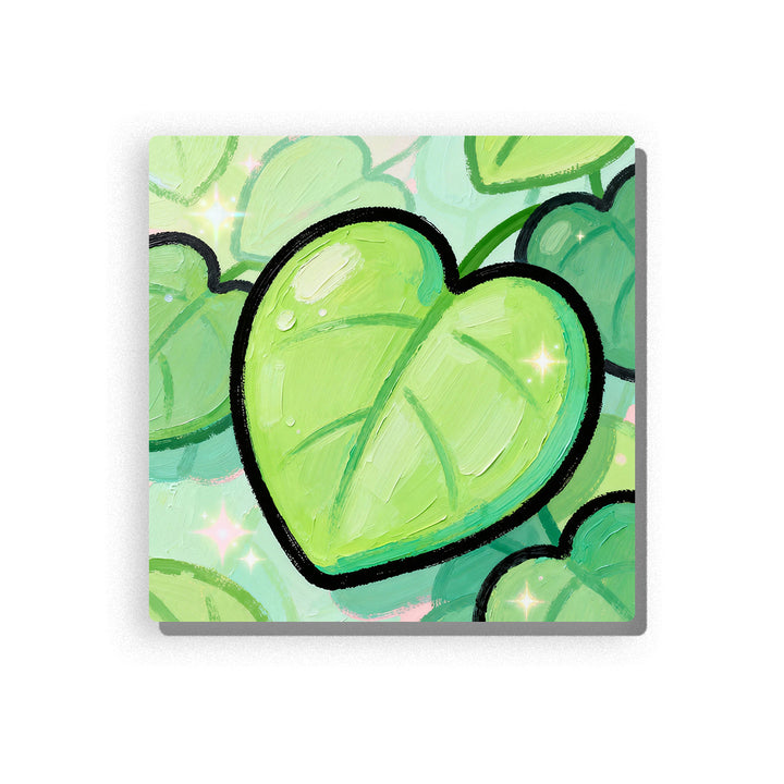 Heart-shaped green leaf with simple veins, soft layered leaves, pale green background, sparkle accents, and fresh nature mood, paint by numbers by PaintEasy