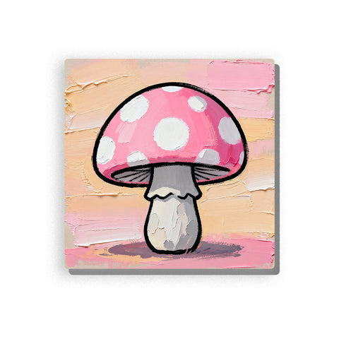 Large pink mushroom with white spots, pale stem, soft shadow, pastel peach and pink background, simple woodland shape, paint by numbers by PaintEasy