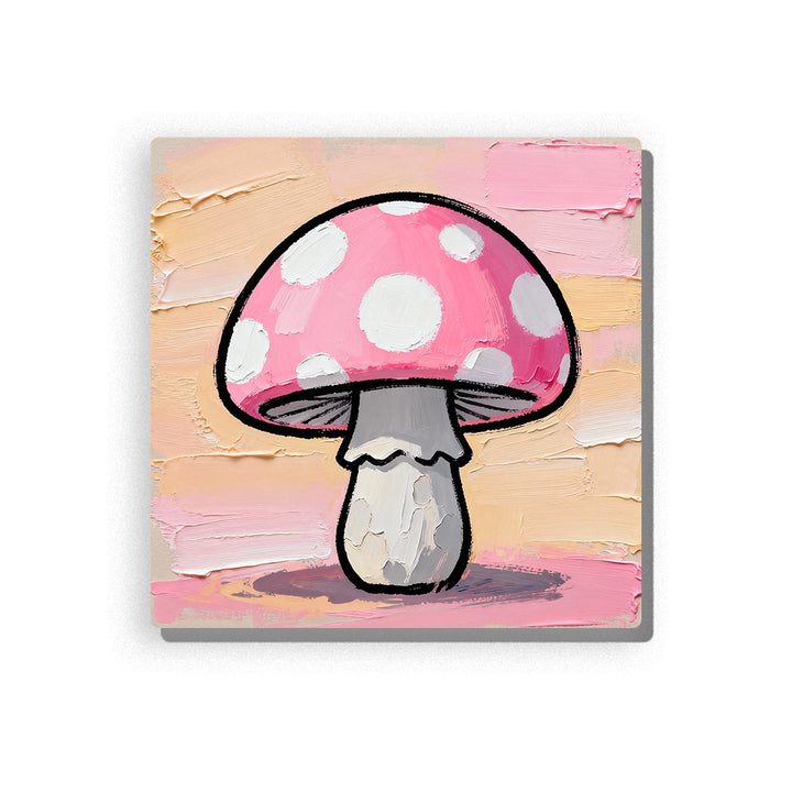 Large pink mushroom with white spots, pale stem, soft shadow, pastel peach and pink background, simple woodland shape, paint by numbers by PaintEasy
