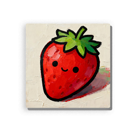 Smiling red strawberry with green leaf top, simple black eyes, tiny curved mouth, rounded seed details, cream background, and soft shadow, paint by numbers by PaintEasy