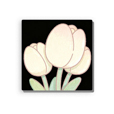 Three soft white tulips with rounded petals, pale green stems, simple leaves, gentle cream shading, and dark background, paint by numbers by PaintEasy