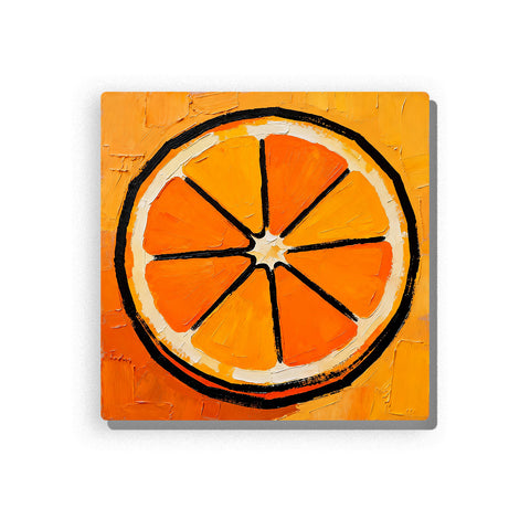 Simple orange slice with bright wedge sections, white peel ring, bold black outline, warm orange background, and large color blocks, paint by numbers by PaintEasy