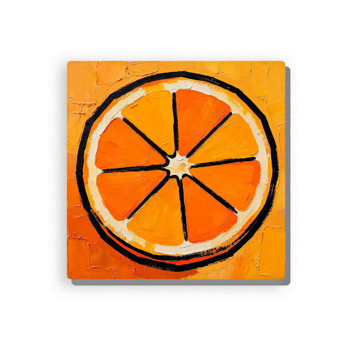 Simple orange slice with bright wedge sections, white peel ring, bold black outline, warm orange background, and large color blocks, paint by numbers by PaintEasy