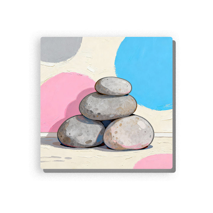 Stacked gray pebbles with soft pastel pink, blue, and gray circle background, simple calm shape-focused artwork for kids, paint by numbers by PaintEasy