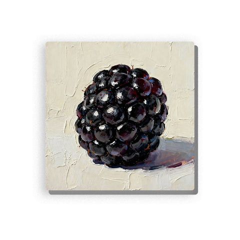 Single blackberry with dark glossy berry clusters, rounded black-purple segments, cream textured background, soft shadow, and simple fruit mood, paint by numbers by PaintEasy