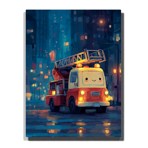 Smiling red fire truck on rainy city street with ladder, glowing headlights, wet road reflections, blue skyscrapers, and cute vehicle mood, paint by numbers wall art by PaintEasy