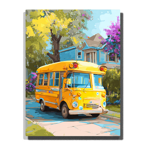 Yellow school bus passing a blue house on a sunny neighborhood street with leafy trees, purple flowers, sidewalk, and cheerful vehicle mood, paint by numbers wall art by PaintEasy