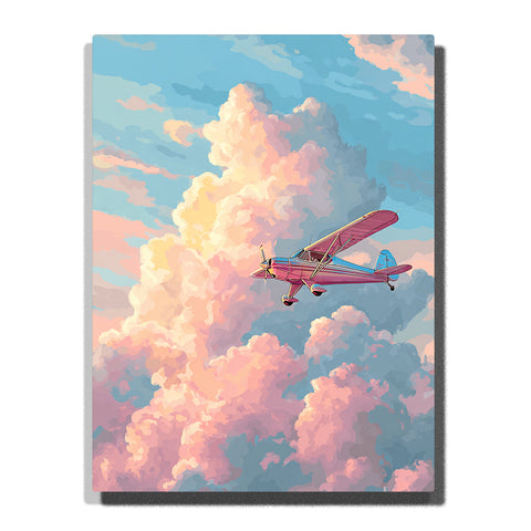 Pink airplane flying beside cotton candy clouds in a pastel blue sky with peach cloud highlights, lavender shadows, and gentle sky adventure mood, paint by numbers wall art by PaintEasy
