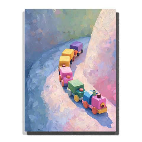 Colorful toy train traveling on a pastel winding hillside path with purple engine, green and pink carriages, yellow cargo car, blue shadowed ground, and soft valley adventure mood, paint by numbers by PaintEasy